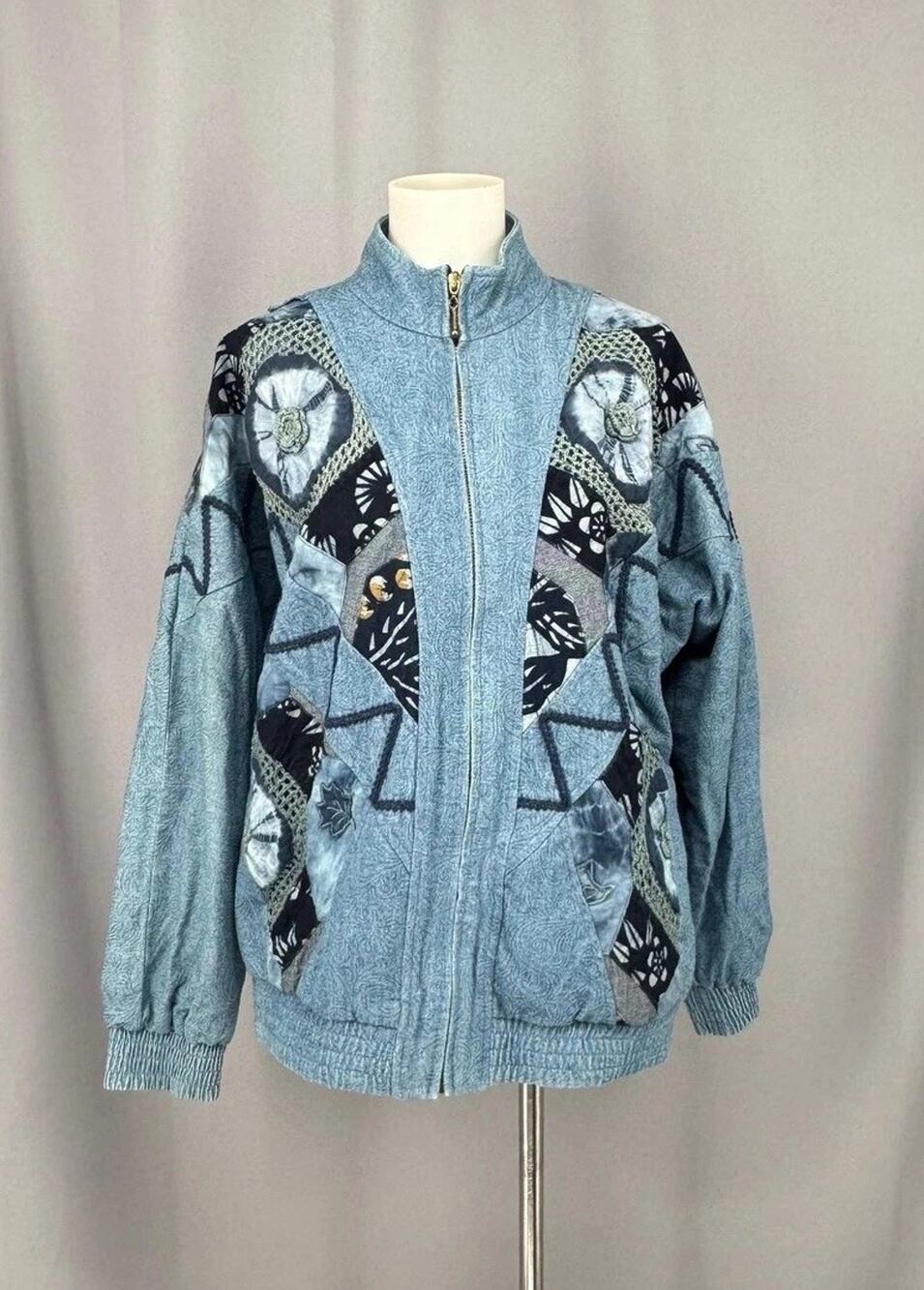 Vtg LIMS Demin Jacket Womens Small Blue Patchwork Retro Art to Wear USA